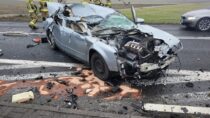 Zmiażdżone audi i zablokowana droga. Groźny wypadek w Rychłowicach